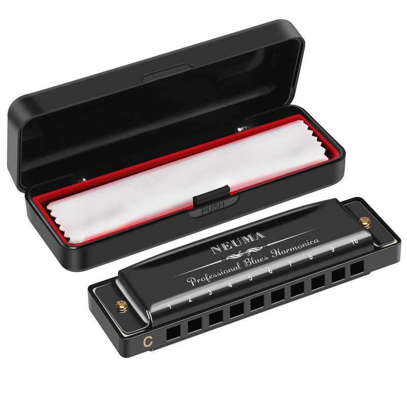 NEUMA Harmonica 10 Holes 20 Tunes Mouth Organ Blues Deluxe Harmonica, Key of C Major for Beginner, Adults, Kids Gift, Professional with Case and Cleaning Cloth, Black