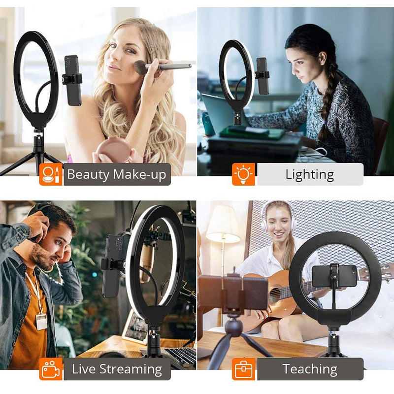 LED Ring Light 10" with Tripod Stand & Phone Holder for Live Streaming & YouTube Video, Makeup Ring Light, Dimmable Desk Makeup Ring Light for Photography, Shooting with 3 Light Modes