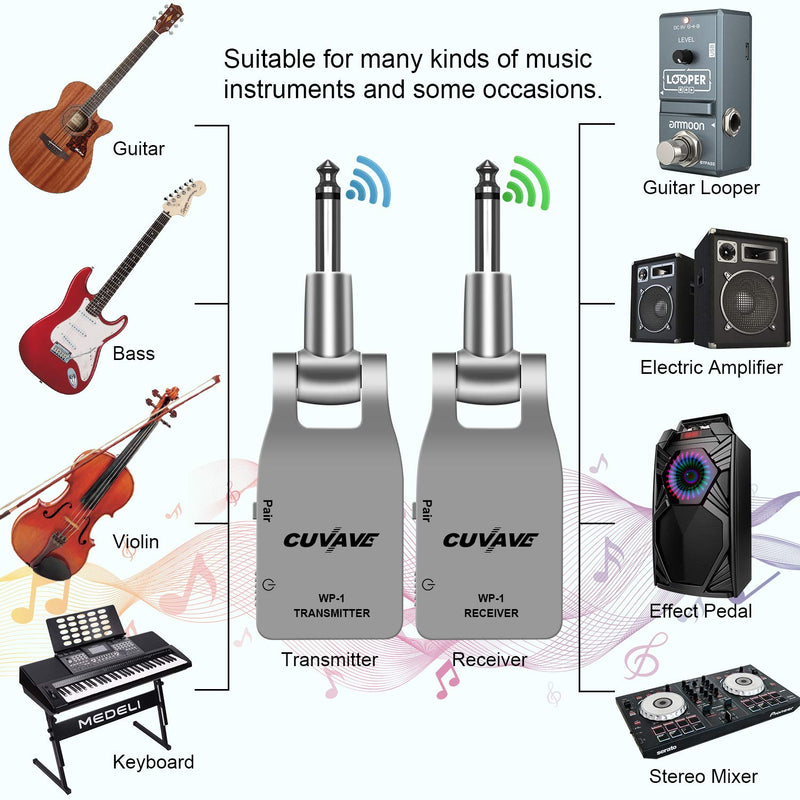 [AUSTRALIA] - Wireless Guitar System, Rechargeable Guitar Transmitter Receiver Set for Electric Guitar Bass silver 