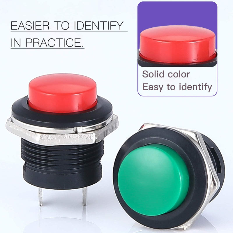 24Pcs 16MM Momentary Push Button on Off Switch Assorted Red Green Yellow Blue White Black,3A 250V AC 2-Pin Self-Resetting Mini Round Switch