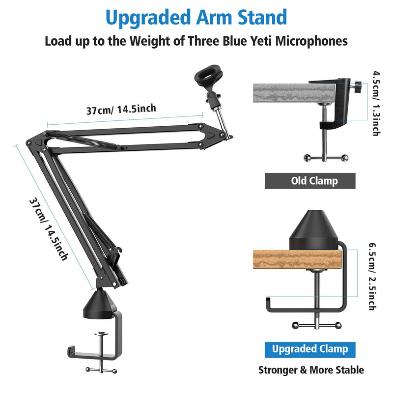 YOTTO Microphone Stand, Heavy Duty Mic Stand Adjustable Suspension Boom Scissor Arm with Pop Filter, 3/8" to 5/8" Adapter, Mic Clip, Upgraded Heavy Duty Clamp for Blue Yeti Snowball & Other Mics
