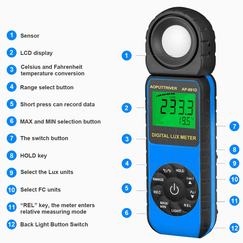 Light Meter AP-881D Digital Illuminance Meter Ambient Temperature Measurer with Range up to 400,000 Lux Luxmeter,Rotatable Head for 270 Degrees,Display 3999,Data Hold,Back Light (Blue) AP881D-Blue