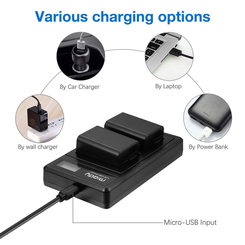 Miady NP-FW50 Batteries and Dual LCD Charger Set Compatible with Sony A6000, A6500, A6400, A6300, Alpha Series, RX10 Series and More,2-Pack 1500mAh 7.4V