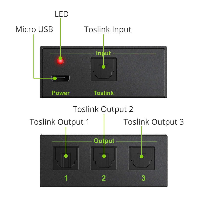 LiNKFOR 3 Port Toslink Splitter with 4pcs 6ft Optical Cable Digital Optical Audio Splitter Aluminum Alloy SPDIF Toslink Fiber Audio Splitter 1 in 3 Out Support Dolby-AC3 DTS for PS3 DVD HDTV