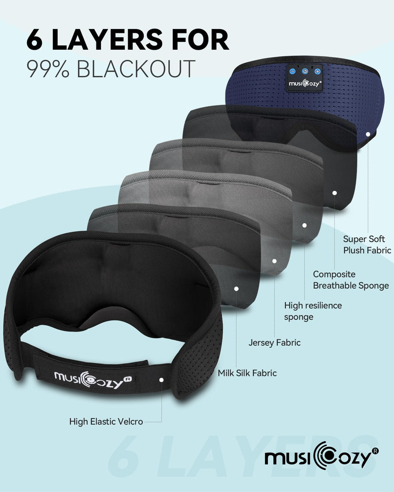 MUSICOZY Sleep Headphones Bluetooth Sleep Eye Mask for Sleeping, Wireless Music Sleeping Masks Headphones, Sleep Earbuds for Side Sleepers Men Women with Speakers Cool Tech Gadgets Blue