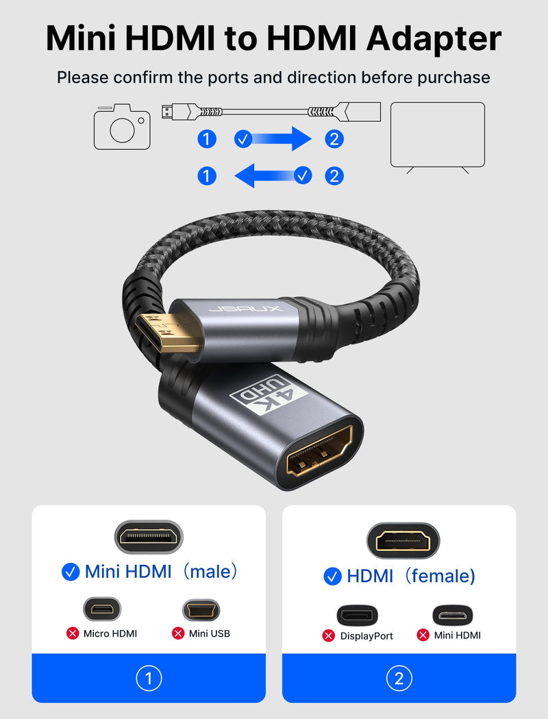 Mini HDMI to HDMI Adapter, JSAUX Mini HDMI Male to HDMI Female Cable with 4K 60Hz HDR 3D 18Gbps Dolby, Compatible For DSLR,Camcorder,Graphics Card,Raspberry Pi Zero W,Laptop,Tablet,HDTV,Projector,Grey