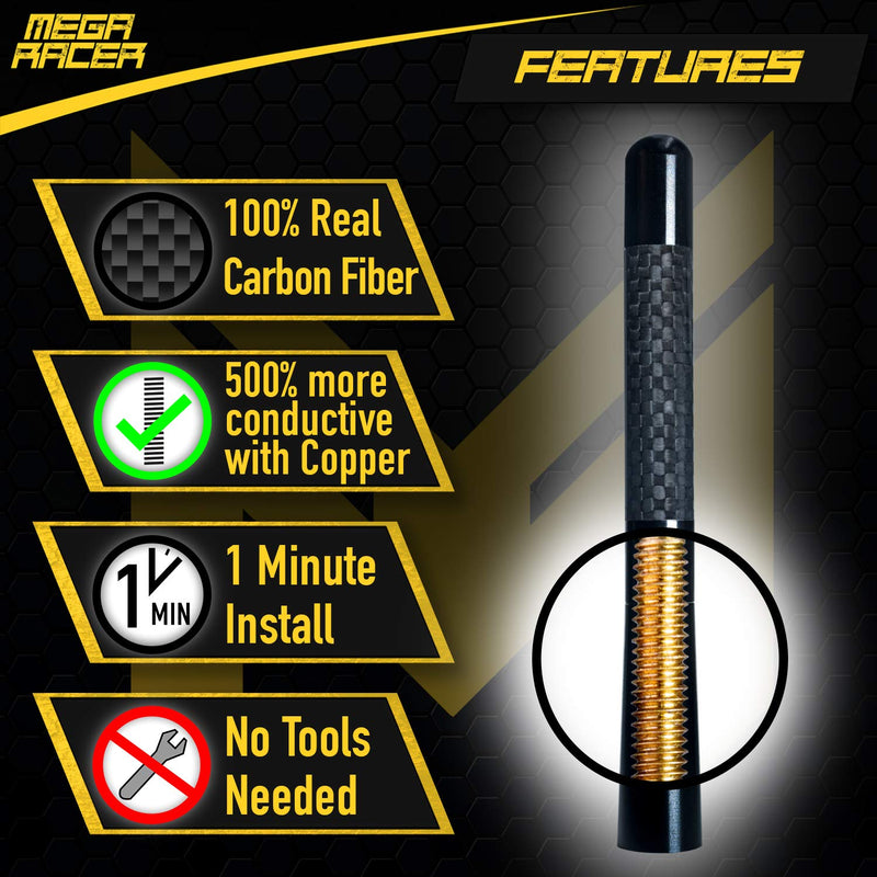 Mega Racer 5" 127 mm Carbon Fiber Polished Finish Black Short Automotive Antenna with Internal Copper Coil AM FM Compatible for Car and Truck Vehicle, 1 Piece