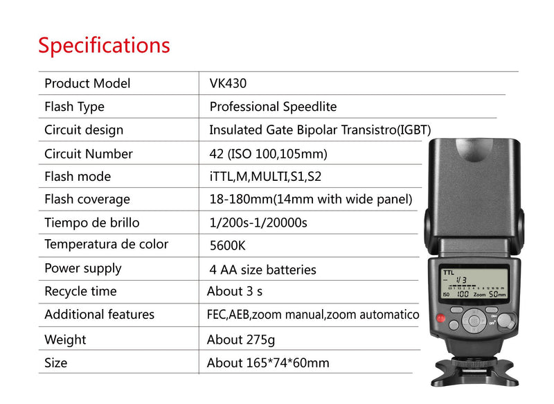 Voking VK430 I TTL Speedlite LCD Display Shoe Mount Flash Compatible with Nikon D3400 D3300 D3200 D5600 D850 D750 D7200 D5300 D5500 D500 D7100 D3100,etc