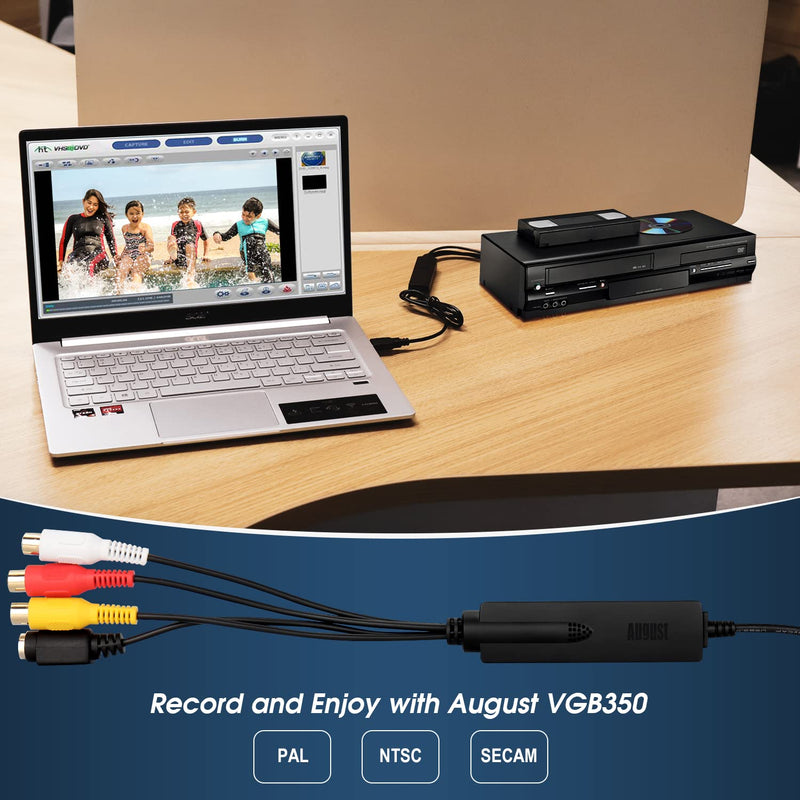 August USB Video Capture Card Grabber VGB350 - Transfer VHS Mini DV Hi8 DVD to Computer for Windows 11,10,8,7, Composite S-Video, PAL/NTSC/SECAM, Convert Video from VCR & Camcorder