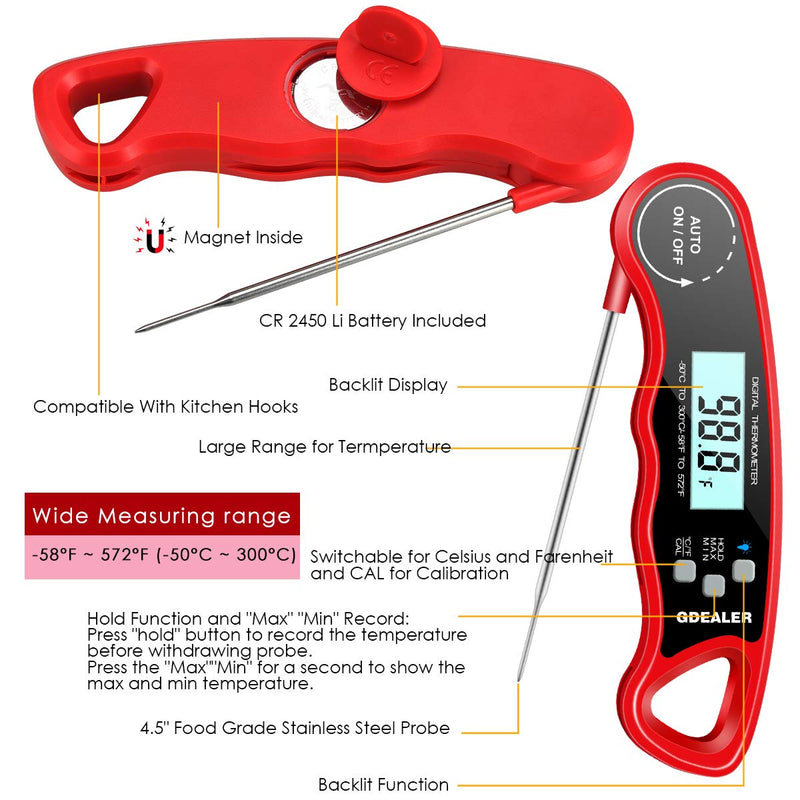 GDEALER DT09 Waterproof Digital Instant Read Meat Thermometer with 4.6” Folding Probe Calibration Function for Cooking Food Candy, BBQ Grill, Smokers A-Red