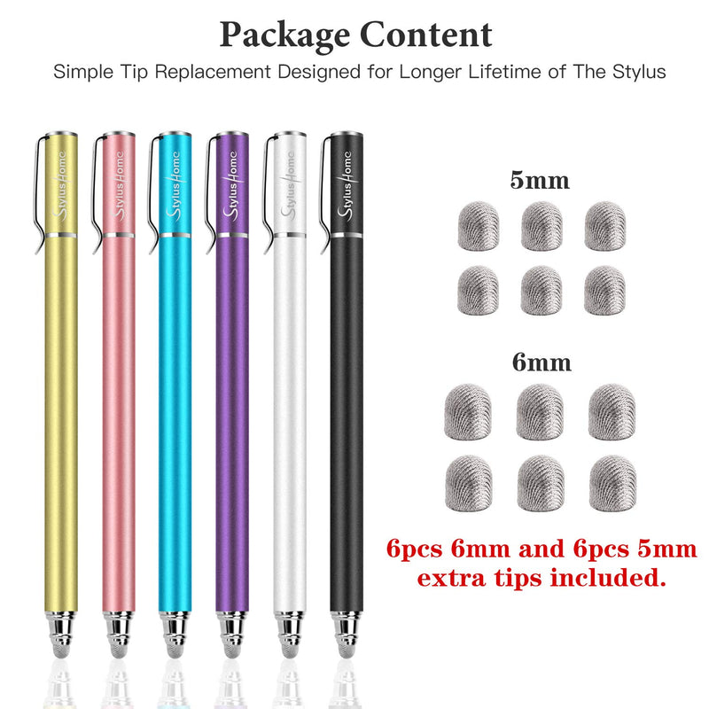 Stylus Pens for Touch Screens (6 Pcs), Sensitivity 2 in 1 Fiber Tips Capacitive Stylus with 12 Extra Replaceable Tips for iPad iPhone Tablets Samsung Galaxy All Universal Touch Screen Devices