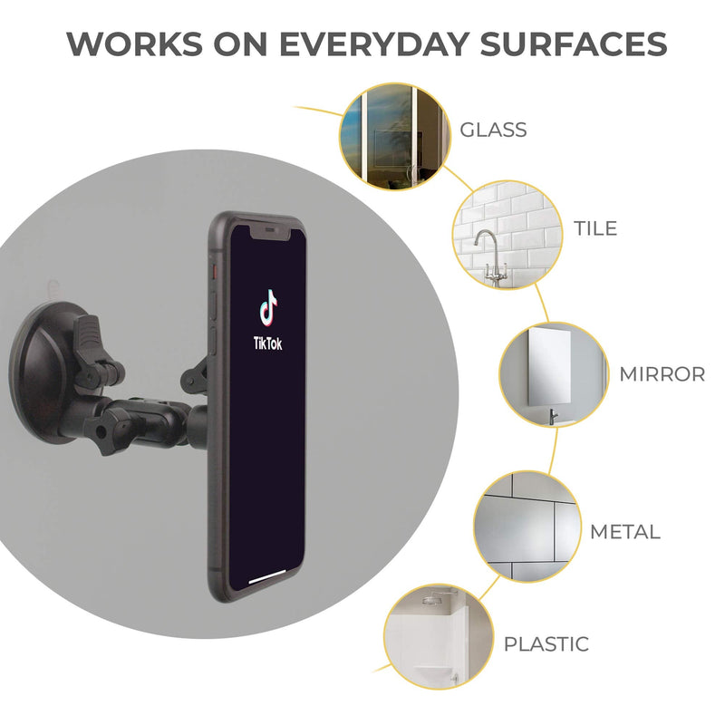 hula+ Shower/Mirror Phone Holder/Mount/Stand. Reusable Non-Residue Mount for Bathroom/Kitchen/Wall. Compatible with All Phones, Great Gift for TikTok/YouTube/Make Up… (Black)