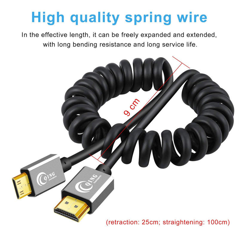 QING CAOQING Mini HDMI to HDMI Cable 3FT, Spring, High Speed HDMI Cable Support Ethernet 3D and Audio Return Compatible with Projector, Monitor, Camcorder 1M