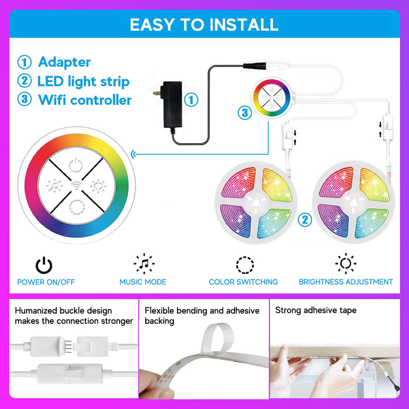 HUV Smart LED Strip Lights，32.8ft 5050 RGB WiFi LED Lights Waterproof with APP Control&Alexa Google Assistant ,Remote Control Music Sync for Home, Bedroom,Kitchen, TV, Party