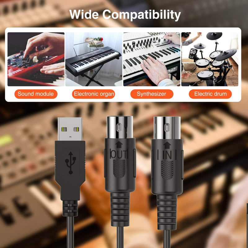LEKATO MIDI to USB Interface MIDI Cable Adapter, 5-Pin DIN MIDI USB Cable with Input & Output Connecting with Keyboard/Synthesizer for Editing & Recording Track Work with Windows/Mac for Studio-6.5Ft