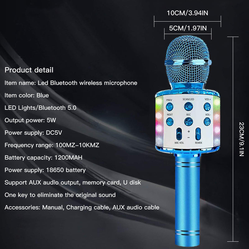 Wireless Bluetooth 32 LEDs Microphone for Children Vocal Portable Handheld Microphone Children's Microphone for Music Playing KTV Party for Android/iOS with Charging Cable and AUX Cable blue