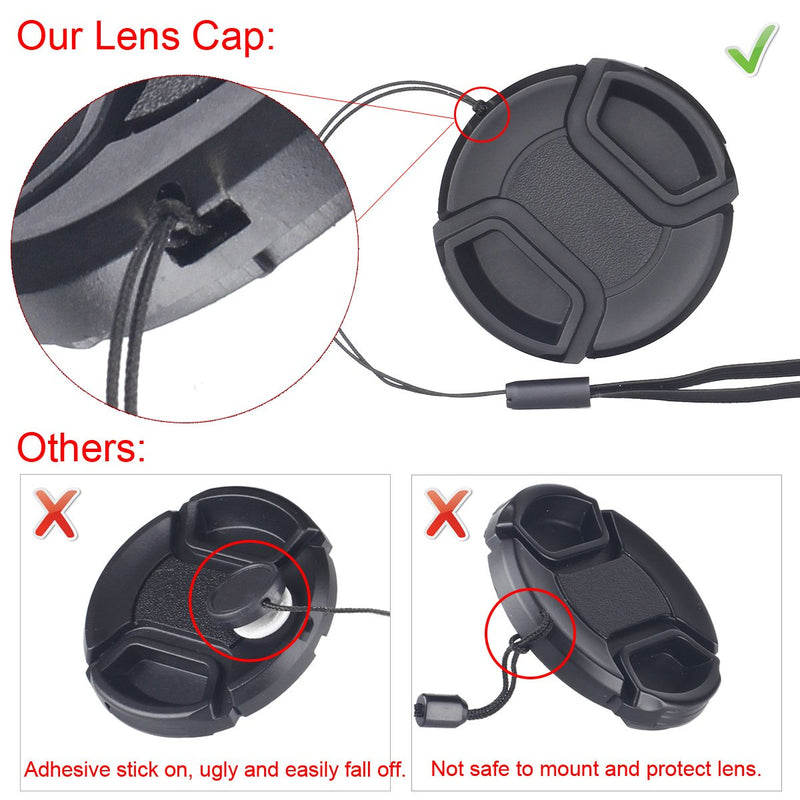 waka Unique Design Lens Cap Bundle, 3 Pcs 58mm Center Pinch Lens Cap and Cap Keeper Leash for Canon Nikon Sony DSLR Camera + Microfiber Cleaning Cloth