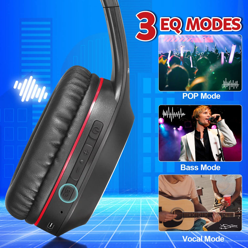 Rydohi Bluetooth Headphones Over Ear,68H Playtime and 3 EQ Music Modes Wireless Headphones with Microphone/Deep Bass, HiFi Stereo Foldable Lightweight Headset for PC Home Travel Office (Black Red) Black Red