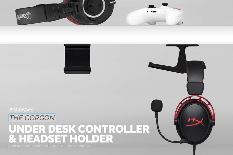 The Gorgon - Under Desk Gamepad Controller & Headphone Hanger, for Xbox, PS4, PS5, Dualshock, Series One, Steelseries, PC & Most Gaming Headsets, Screwless Holder Stand, Black by Brainwavz