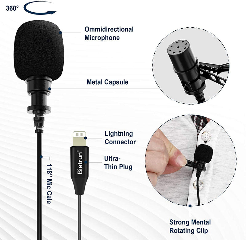 [AUSTRALIA] - Microphone for iPhone, Professional Lavalier Lapel Omnidirectional Condenser Audio Video Recording Wired Lighting iPhone Microphone, 119'' Noise Shielded Cable, for Youtube, Video Recording, Interview 