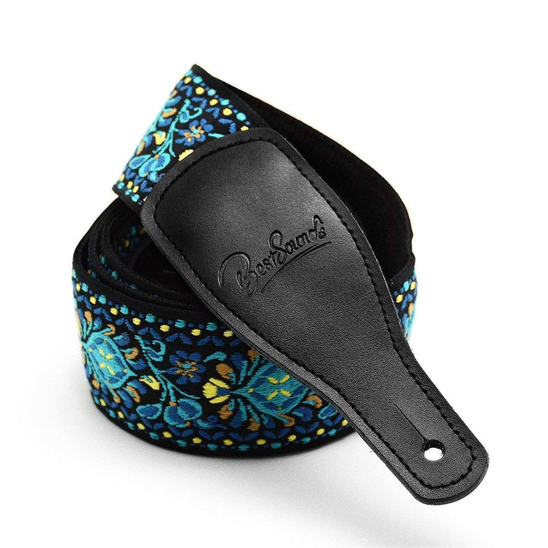 Guitar Strap Jacquard Weave Vintage Guitar Shoulder Strap with Durable Leather Ends for Bass, Electric & Acoustic Guitars (Blue-Yellow) Blue