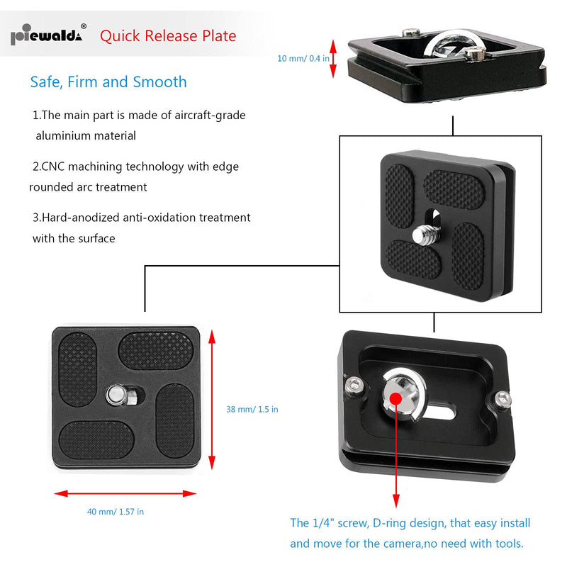 Aluminum Metal Quick Release Plate with 1/4" D-Ring Screw/Slotted Screw and 3/8" to 1/4" Mount Screw Adapter, Niewalda Tripod Mounting Plate Fits Arca-Swiss for SLR Camera Tripod Ball Head (PU-40) PU-40