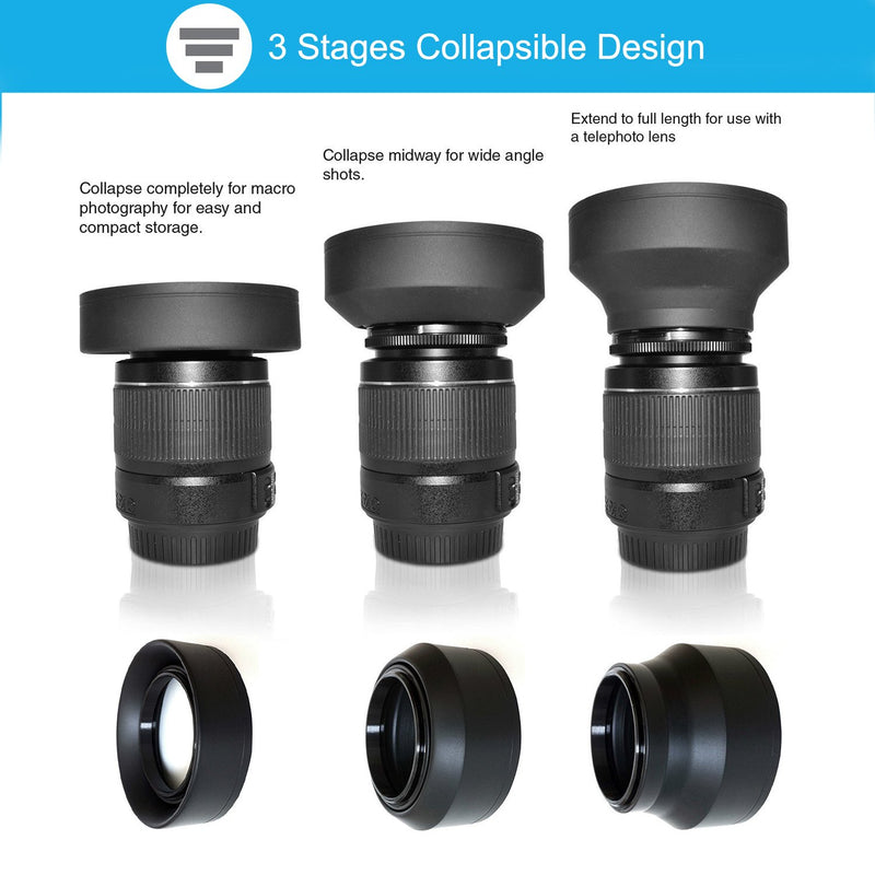[AUSTRALIA] - Veatree 52mm Lens Hood Set, Collapsible Rubber Lens Hood with Filter Thread + Reversible Tulip Flower Lens Hood + Center Pinch Lens Cap + Microfiber Lens Cleaning Cloth 