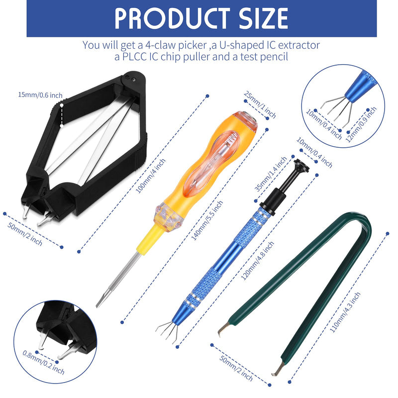 4 Pieces IC Chip Remover Tool IC PLCC Chip Extraction Tool Extractor Puller 4-Claw Prongs Grabber and Keyboard Key Switch Test Pencil Tool for Disassembly of Electronic Component Jewelry