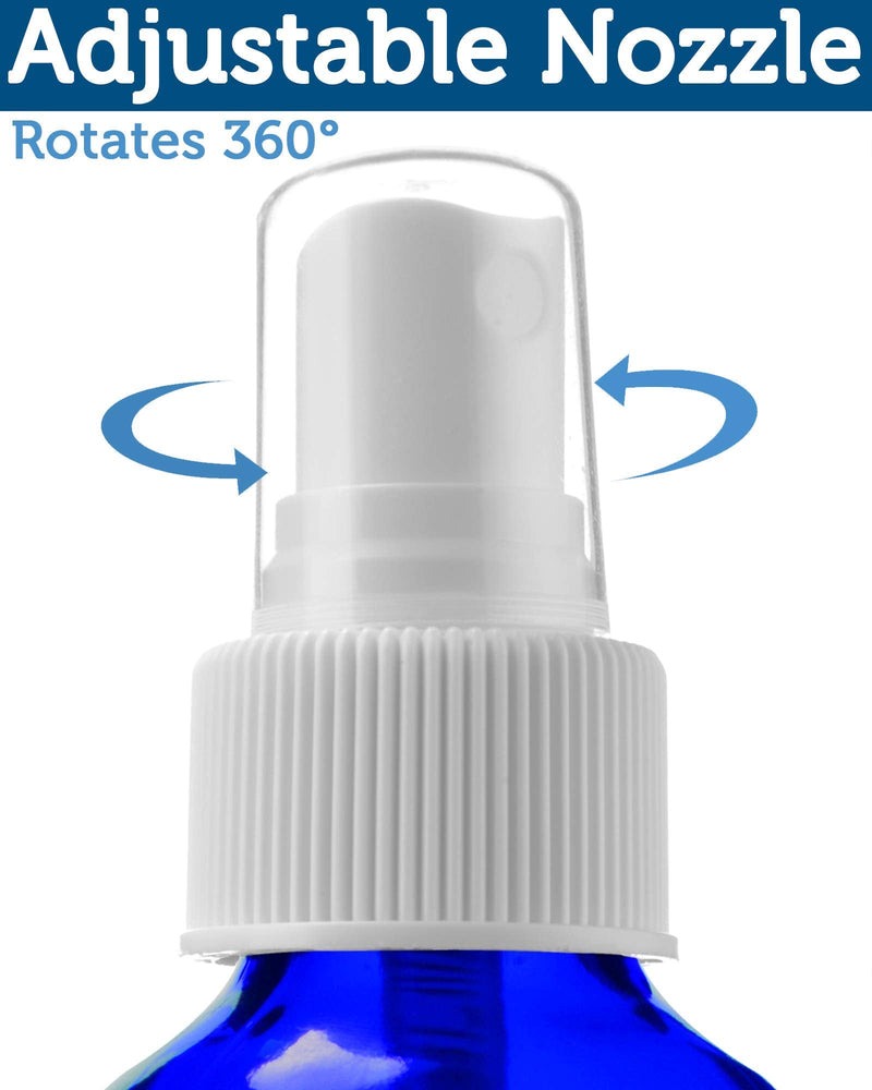 2 Empty Blue Glass Spray Bottles - 4oz Refillable Bottle is Great for Essential Oils, Organic Beauty Solutions, Homemade Cleaning and Aromatherapy - Small Portable Misters with Caps and Labels - 2 Pack
