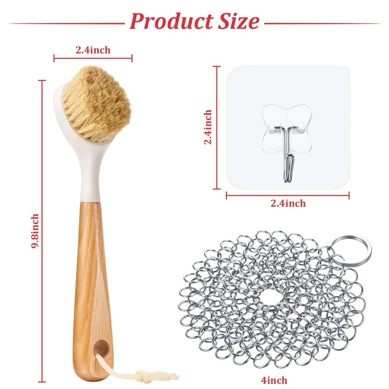 6 Pieces Cast Iron Cleaner Set Include Stainless Steel Chainmail Scrubber Long Handle Dish Scrub Brush Red Hot Handle Holder 2 Pan Grill Scrapers and Wall Hook