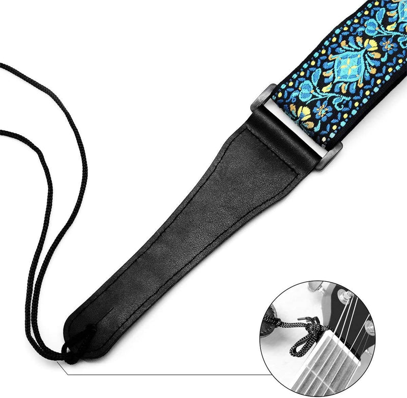 [AUSTRALIA] - Guitar Strap, Vintage Embroidered Cotton Strap with Genuine Leather Ends for Acoustic and Electric Guitar, Bass Guitars Blue/Yellow 