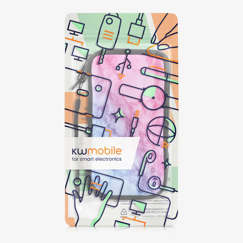 kwmobile Neoprene Sleeve for Smartphone Size XL - 6.7/6.8" - Shock Absorbing Pouch Case - Protective Phone Bag - Marble Light Blue/Violet/Dark Pink Marble 23-38-08