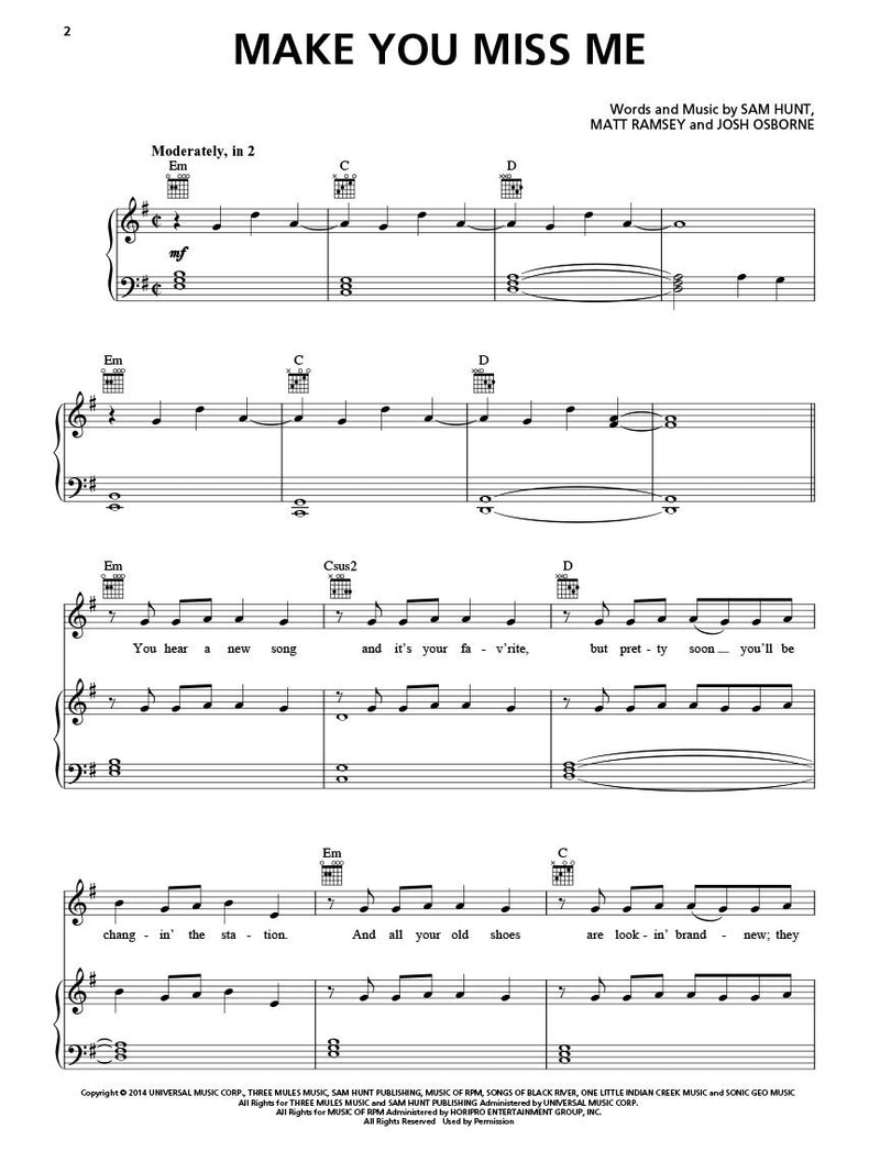 Sam Hunt - Make You Miss Me - Sheet Music Single