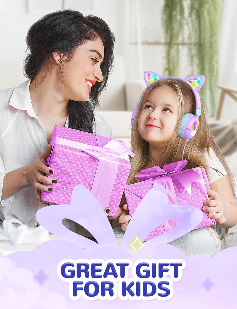iClever Kids Headphones Cat Ear, LED Light Up, 85dBA Safe Volume, Stereo Sound Toddler Headphones for Travel School, Foldable 3.5mm Wired Kids Headphones for iPad Tablets, Meow Lollipop-Purple Purple