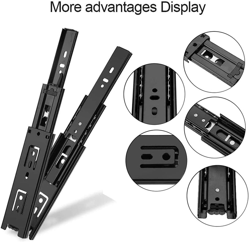 GLE2016 A Pair of Black Metal Quiet Ball Bearing Full Extension 3 Section Drawer Slide, Side Mount 32.5cm/13 Inch