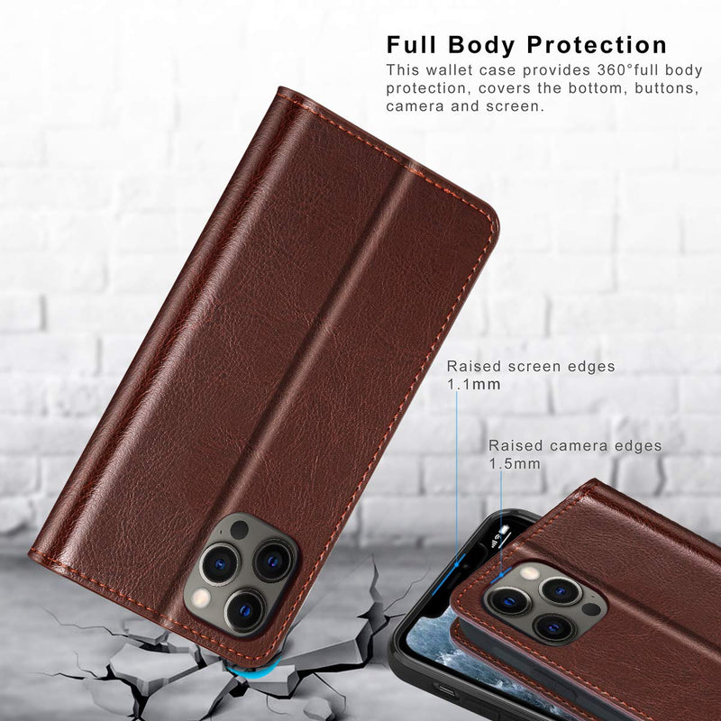 Belemay Compatible with iPhone 12/12 Pro Wallet Case 5G (6.1" 2020) Genuine Cowhide Leather Folio Flip Cover [RFID Blocking] Credit Card Holder [Soft TPU Shell] Kickstand Function Folding Case, Brown Brown (iPhone 12/12 Pro)