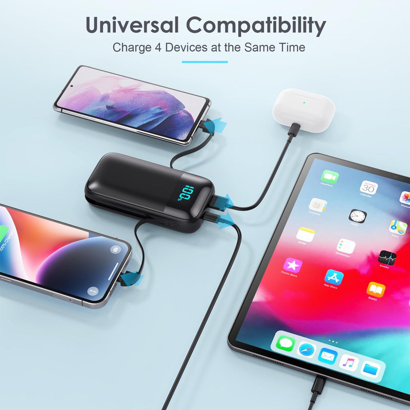 [AUSTRALIA] - Small Portable Charger with Built in Cables, Ultra-Compact 13800mAh PD Fast Charging USB C Power Bank, 4 Output LCD Display Battery Pack Phone Charger Compatible with All iPhone,Samsung,Android Phone Black 