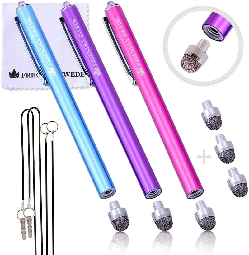 The Friendly Swede Stylus Pen Replaceable Micro-Knit Mesh Tip - Capacitive Touchscreen Stylus, Tablet Styli with Lanyards, Touch Screen Cleaning Cloth and Replacement Tips (3 Pack) Hot Pink + Light Blue + Purple