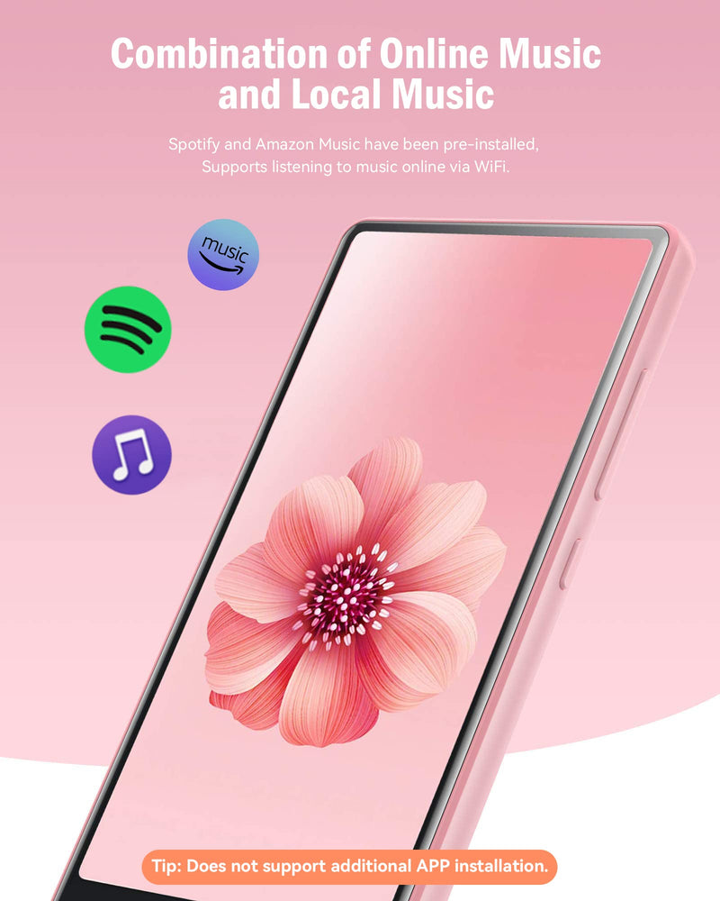 AGPTEK 40GB MP3 Player with Bluetooth and WiFi, 4" Full Touch Screen MP4 Player with Spotify, Android Online Music Player with Speaker, FM Radio, Expandable Up to 32GB, Pink