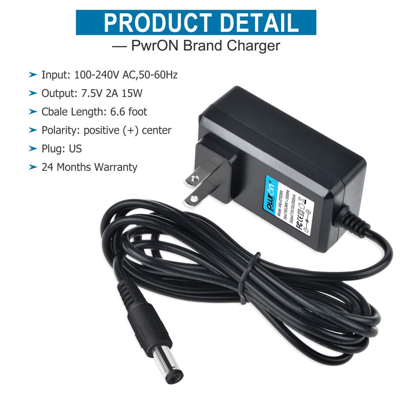 PwrON (6.6FT Cable) 7.5V 2A AC DC Adapter for 400mA 500mA 800mA 1000mA DC Adapter Power Supply 5.5mm2.1mm/2.5mm with Positive Center
