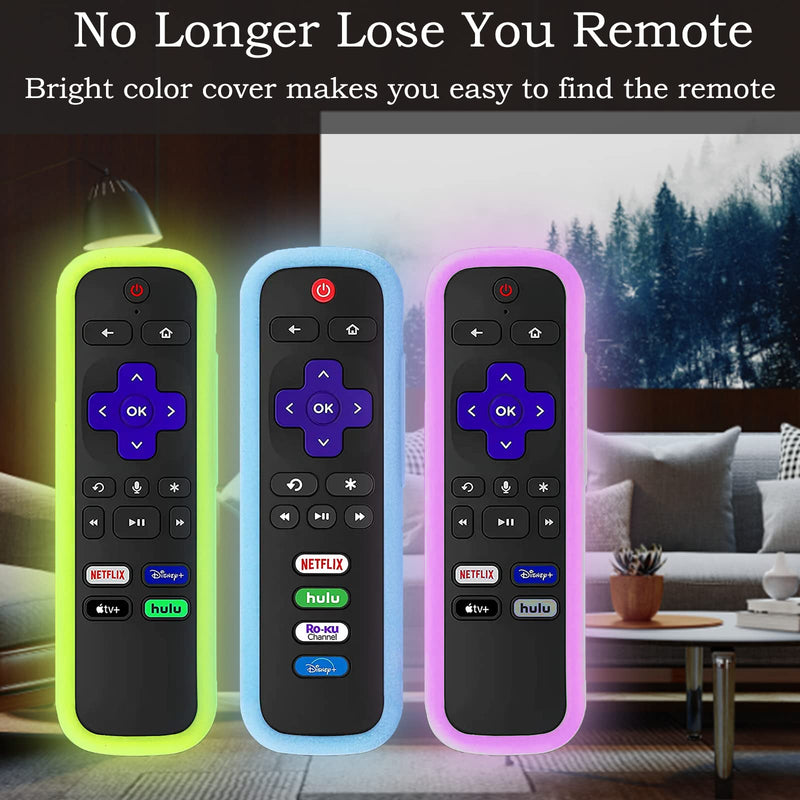 3Pack Remote Case for Roku | TCL | Hisense Roku Remote | Silicone Universal Protective Controller Sleeve for Roku Express 4K+ 2021 | Roku Streaming Stick 4K 2021 Cover with Lanyards Glow in The Dark Glow Blue&Glow Yellow&Glow Purple