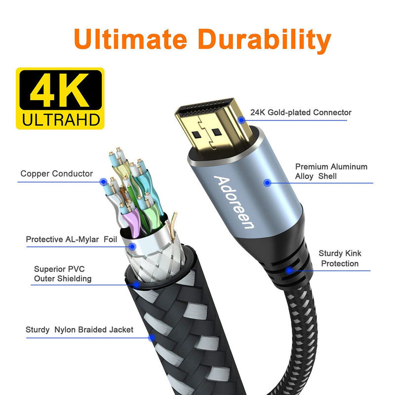 4K HDMI Cable 12 feet/2 Pack, Adoreen High Speed 18Gbps HDMI 2.0 Cable (1.5-60ft), HDR HDCP 3D 4K@60Hz 2K,1080P, ARC Ethernet, HDMI Cord,Compatible Monitor UHD TV PC PS3 PS4 with 5 Cable Ties 12FT-2PK With Ties