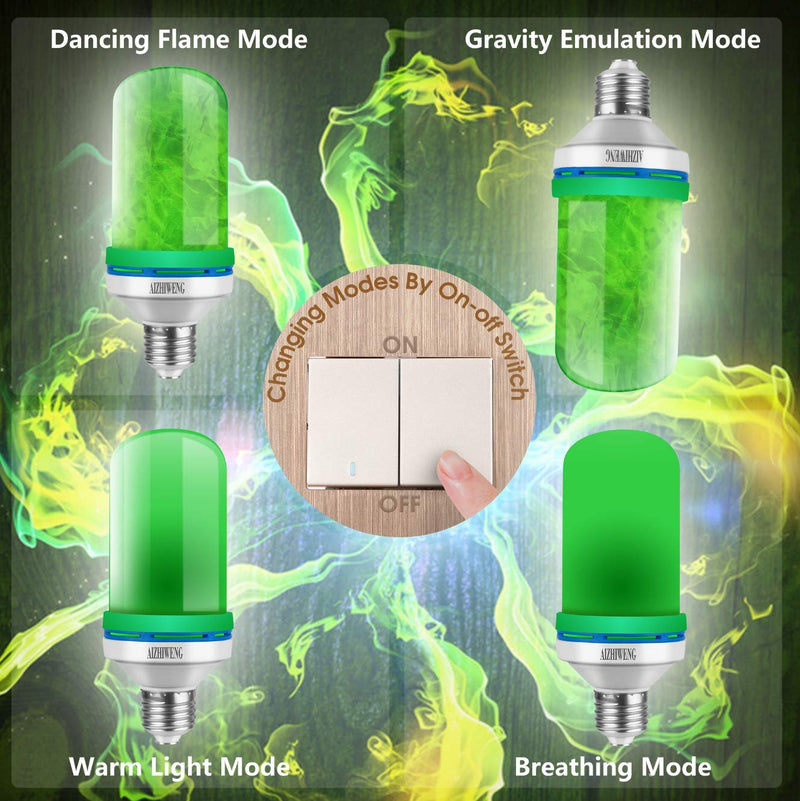 Flame Light Bulb (4 Pack Green) | LED Flame Effect Light Bulbs with Upside Inverted Realistic Flickering Faux Flames | 5 Watt 150 Lumens Perfect for Indoor or Outdoor Lighting | 4 Dimmable Modes 4 Pack of Green