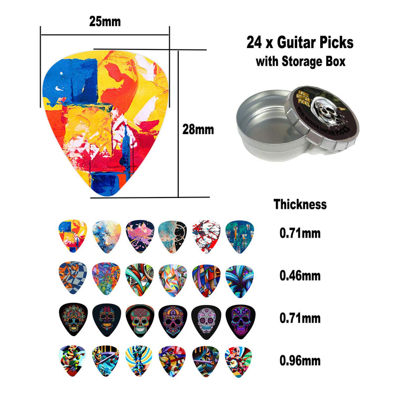 24 pcs Guitar Picks, 0.46mm, 0.71mm, 0.96 mm Thin/Medium/Heavy Gauge Guitar Plectrums for your Electric Acoustic Bass Guitar, Colorful Designed Musical Instrument Accessories, with Storage Case/Holder