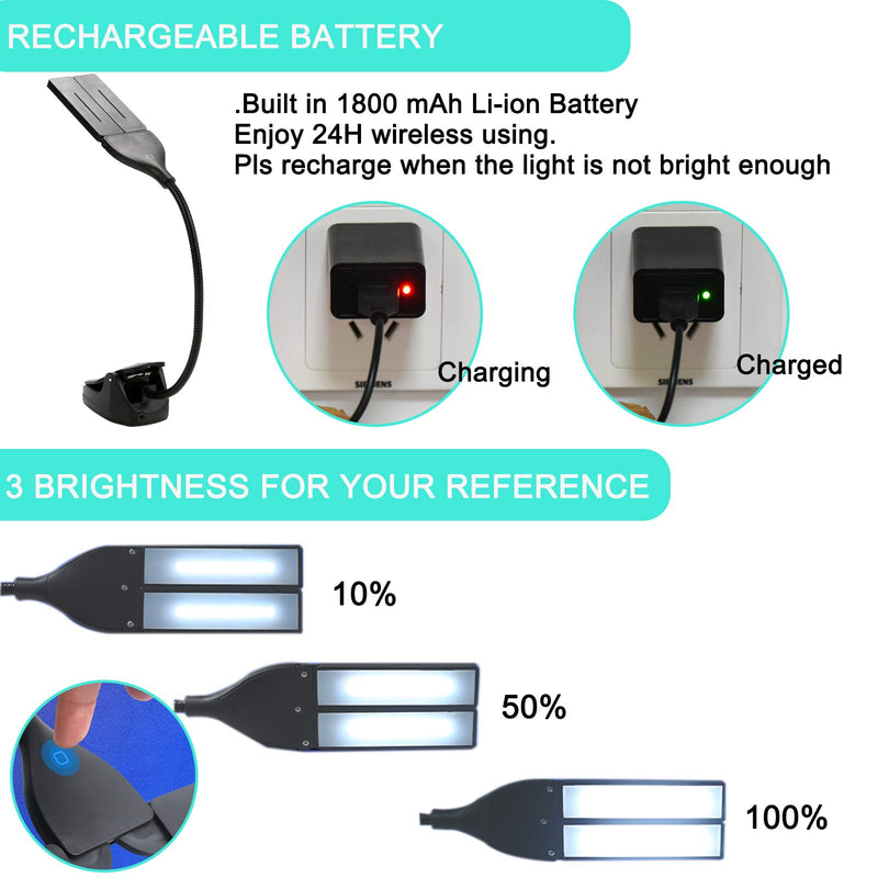 LED Music Stand Lights Rechargeable - 28 LEDs Clip Light with 3 Brightness Levels,1800mAh Li-ion Desk Clip Lamp,Eye-Caring,Perfect for Night Reading,Instruments Practise,USB Cable and Adapter Inclu. Black