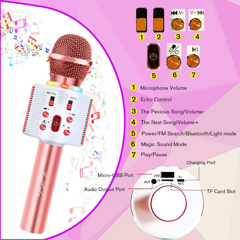 Karaoke Microphone, FISHOAKY Karaoke Bluetooth Machine Portable Mic Player Speaker with LED & Music Singing Voice For Kids Recording for Christmas Birthday Home Party KTV Outdoor (Pink) Pink