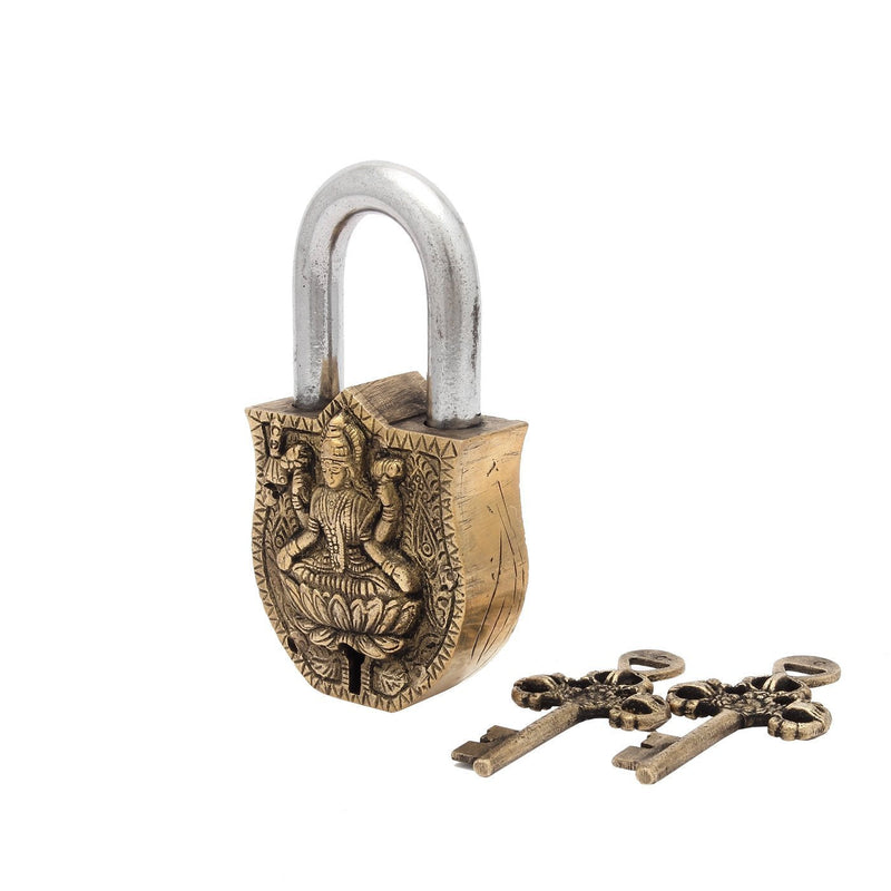 Purpledip Handmade Brass Antique Pad Lock with Maa Laxmi Idol,Medium (10465)