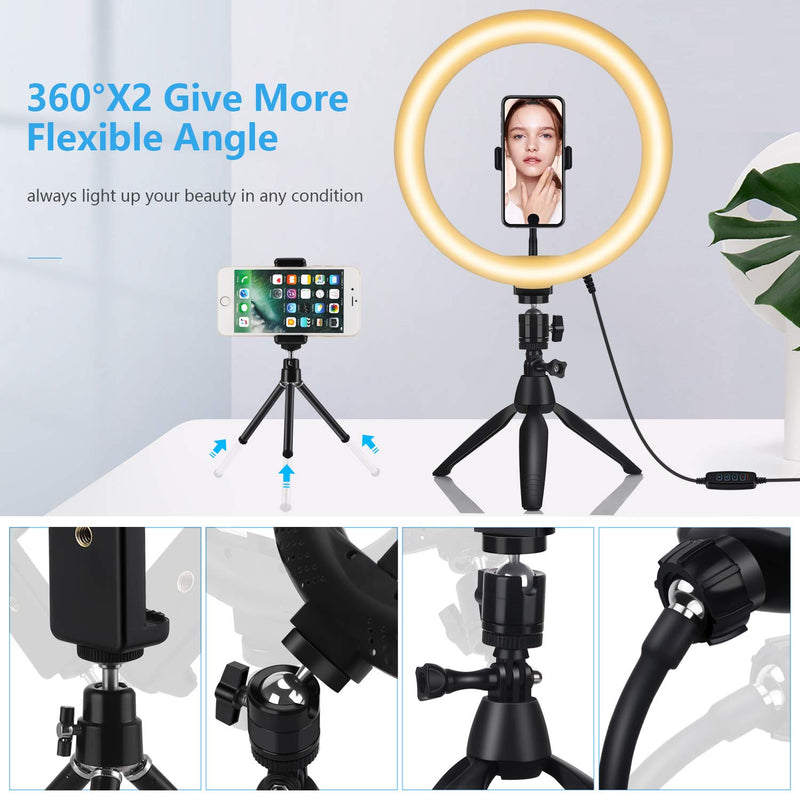 10" Selfie Ring Light with 2 Tripod Stand & Smart Phone Holder,OOWOLF Dimmable LED Beauty Ringlight,3 Light Modes & 10 Brightness Levels for Live Stream,Make Up,YouTube Video,Portrait Photography.
