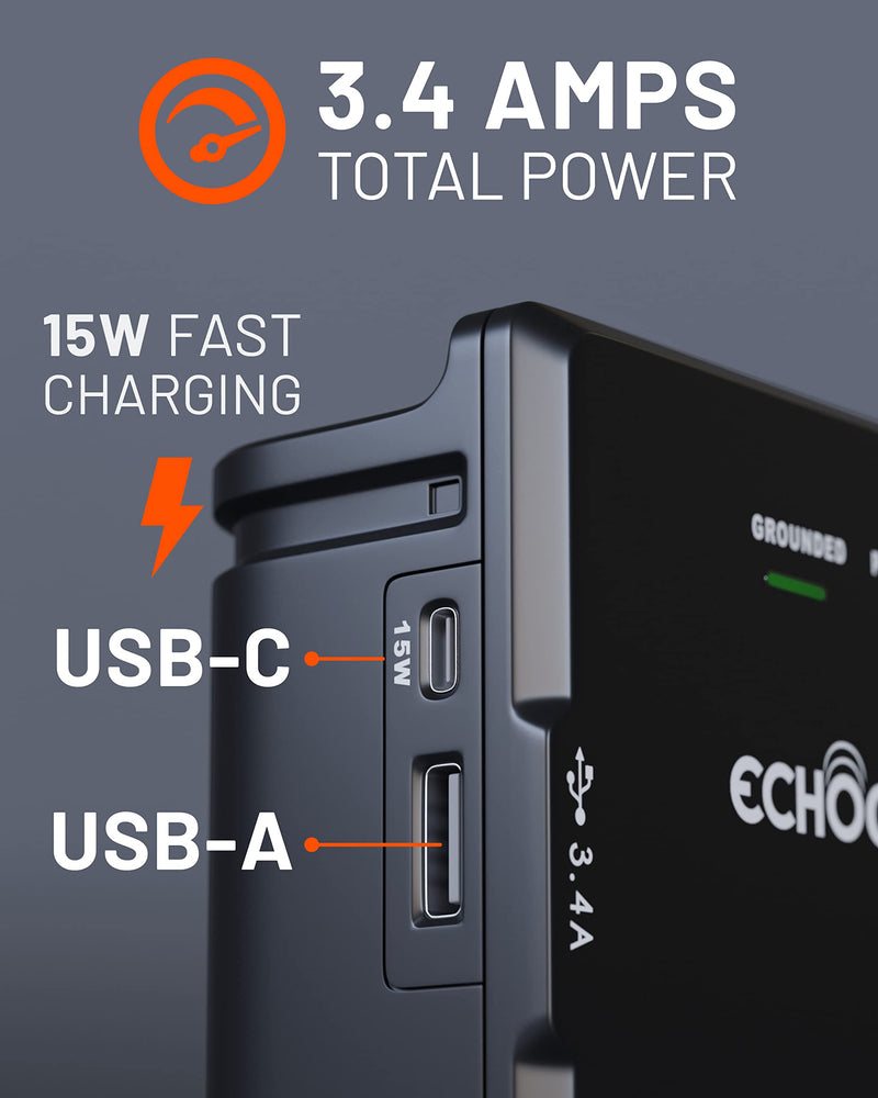 ECHOGEAR Wall Outlet with USB Ports & Surge Protection - Power & Protect 8 Devices with 6 Rotating AC Plugs & 2 USB Ports - Includes 1x USB-C Port & 1x USB-A Port - Black Black With USB-C & USB-A
