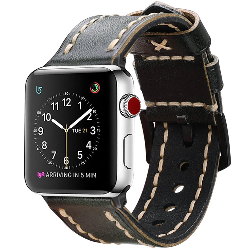 Fintie Band Compatible with Apple Watch 44mm 42mm, Vintage Cowhide Genuine Leather Replacement Wrist Strap Compatible with Apple Watch SE & iWatch Series 6 5 4 3 2 1, Black